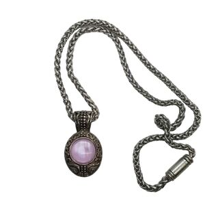 ORNATE SILVERTONED WHEAT CHAIN & PENDANT NECKLACE WITH PINK MOONGLOW CABACHON